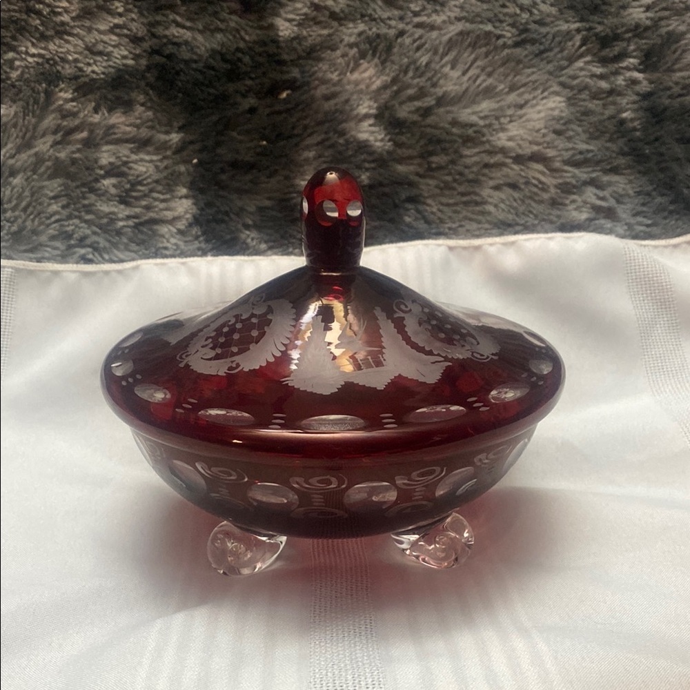 Vintage Bohemian  Red Glass Cut To Clear Candy Dish
W/lid
